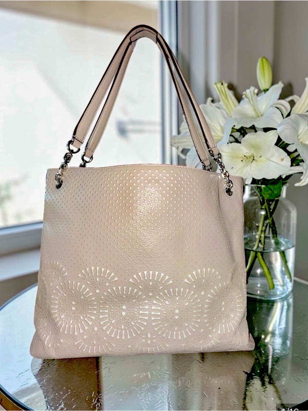 Tory Birch Perforated Leather Tote Bag in Taupe. EUC